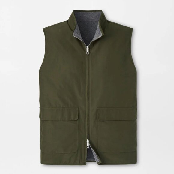 Peter Millar Dark Olive Brentwood Reversible Fleece Vest MF24Z26 NWOT Green Gray